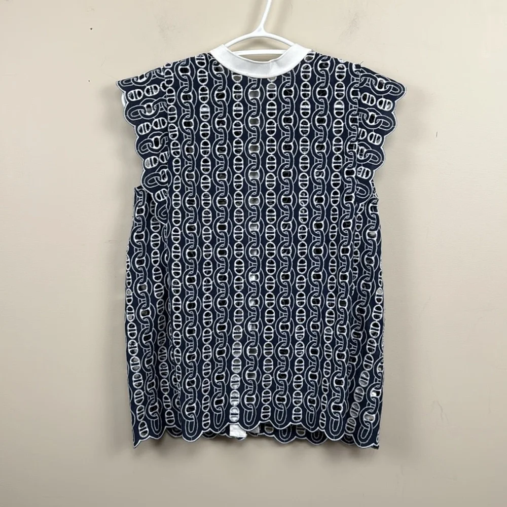 Sandro Navy and White Lace-Pattern Sleeveless Top - Picture 7 of 12